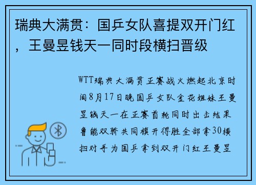瑞典大满贯：国乒女队喜提双开门红，王曼昱钱天一同时段横扫晋级